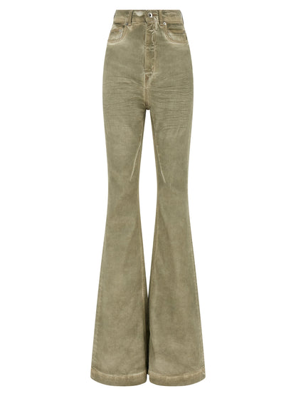 Jeans by DRKSHDW for women in stretch denim cotton beige & signature presents a tailored silhouette, showcasing a tailored flared & bootcut and long cut with a refined high rise for a truly tailored aesthetic.