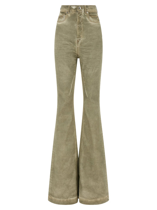 Jeans by DRKSHDW for women in stretch denim cotton beige & signature presents a tailored silhouette, showcasing a tailored flared & bootcut and long cut with a refined high rise for a truly tailored aesthetic.