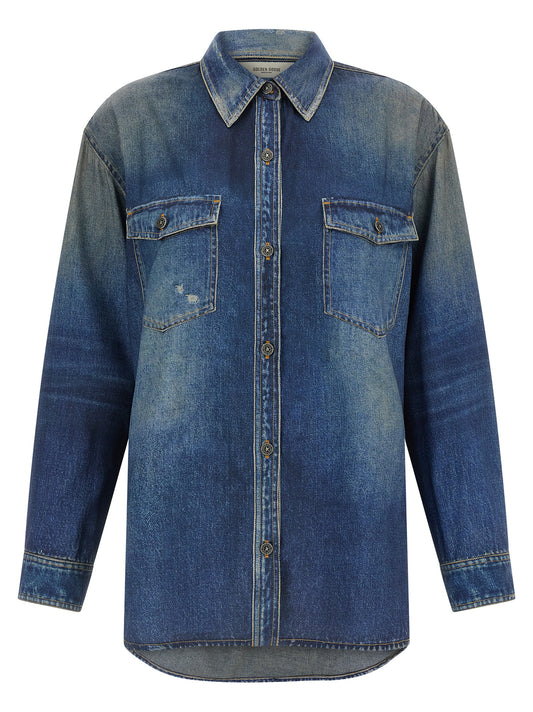 Blouse by Golden Goose for women in polyester blue & print presents a discerning silhouette, showcasing a sophisticated asymmetric neckline and for a truly discerning finish.