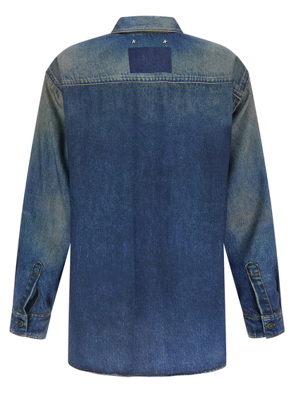Blouse by Golden Goose for women in polyester blue & print showcases a sharp silhouette, elegantly detailed with a sharp asymmetric neckline and sharp .