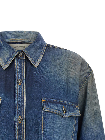 Blouse by Golden Goose for women in polyester blue & print presents a discerning silhouette, showcasing a sophisticated asymmetric neckline and for a truly discerning finish.