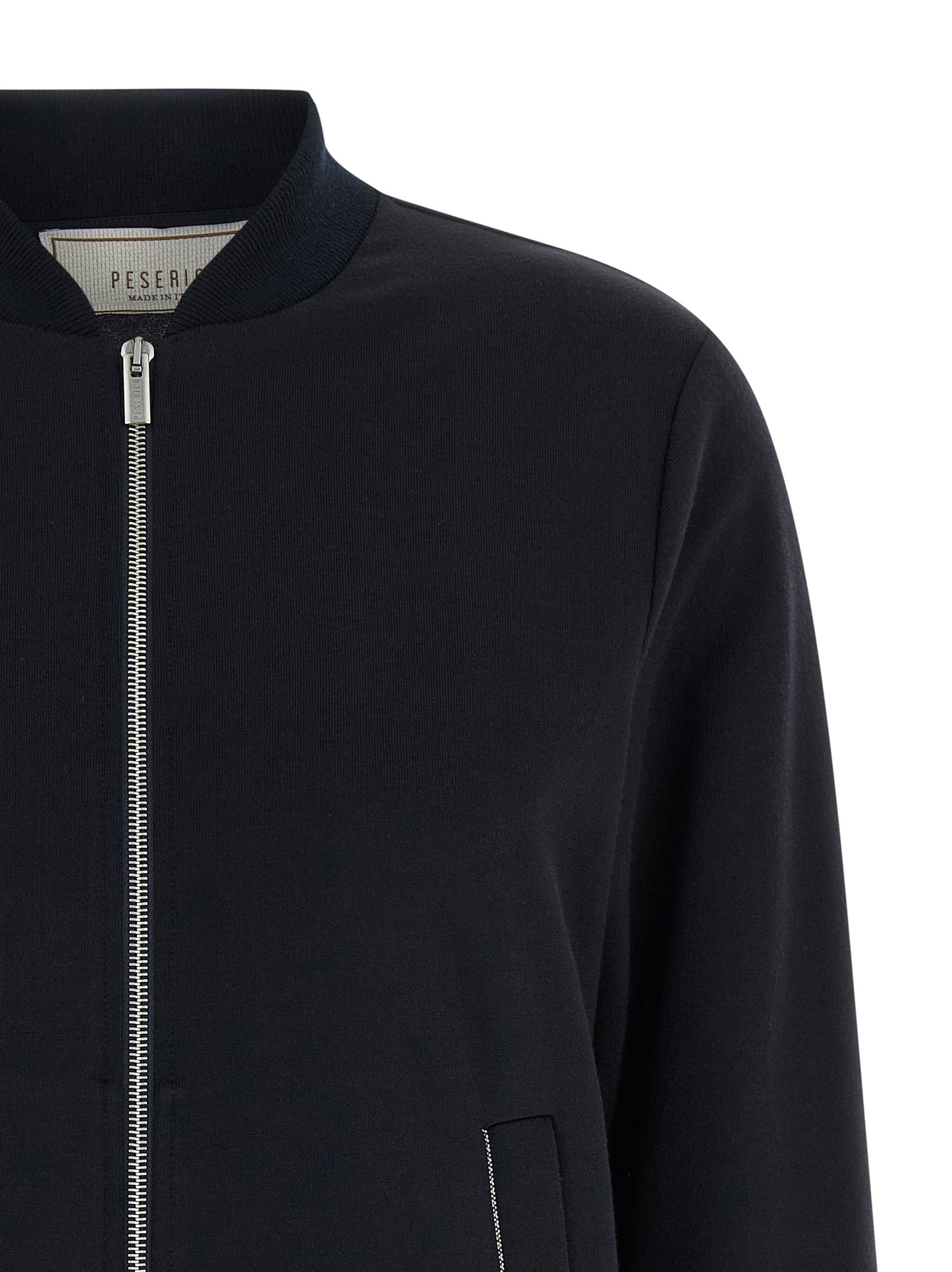 Bomber Jacket by Peserico for women in polyester cotton blue showcases a bohemian silhouette, artfully detailed with a bohemian high-neck neckline and signature pockets for a truly bohemian finish.