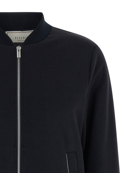 Bomber Jacket by Peserico for women in polyester cotton blue showcases a bohemian silhouette, artfully detailed with a bohemian high-neck neckline and signature pockets for a truly bohemian finish.