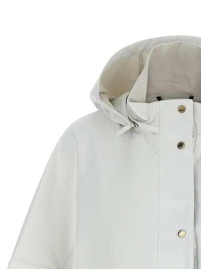 Hooded Windbreaker Jacket by MooRER for women in polyester & polyurethane beige features an magnificent silhouette, showcasing the sophisticated hooded shirt-collar neckline and functional pockets, hooded & windproof for a premium, magnificent look.