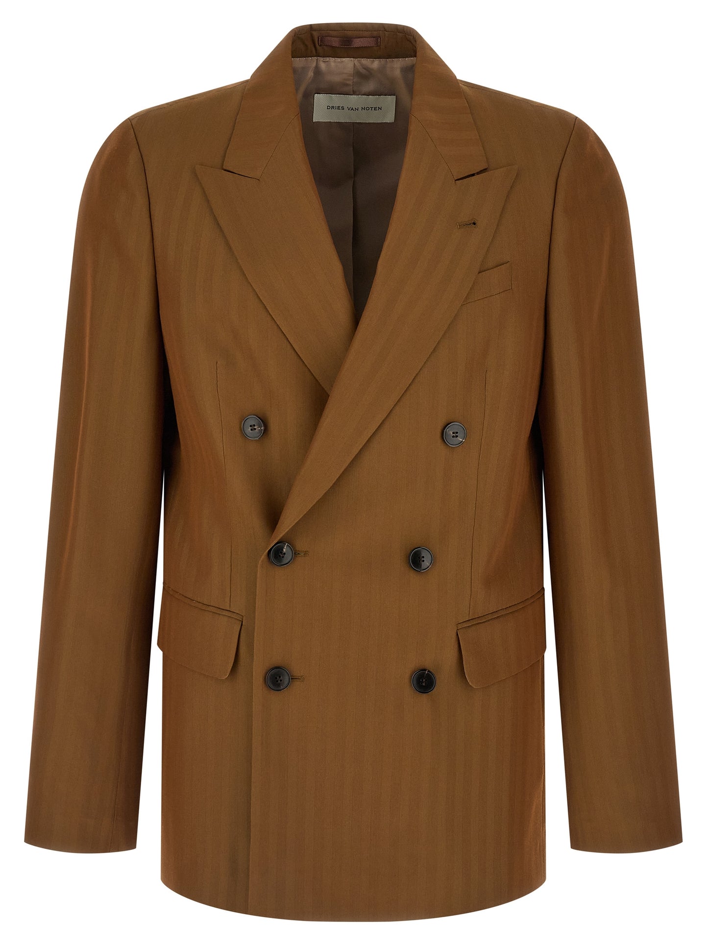 Blazer by Dries Van Noten for men in wool & viscose brown, patterned & pinstripe showcases a polished silhouette, highlighted by a refined and polished for a sophisticated finish.