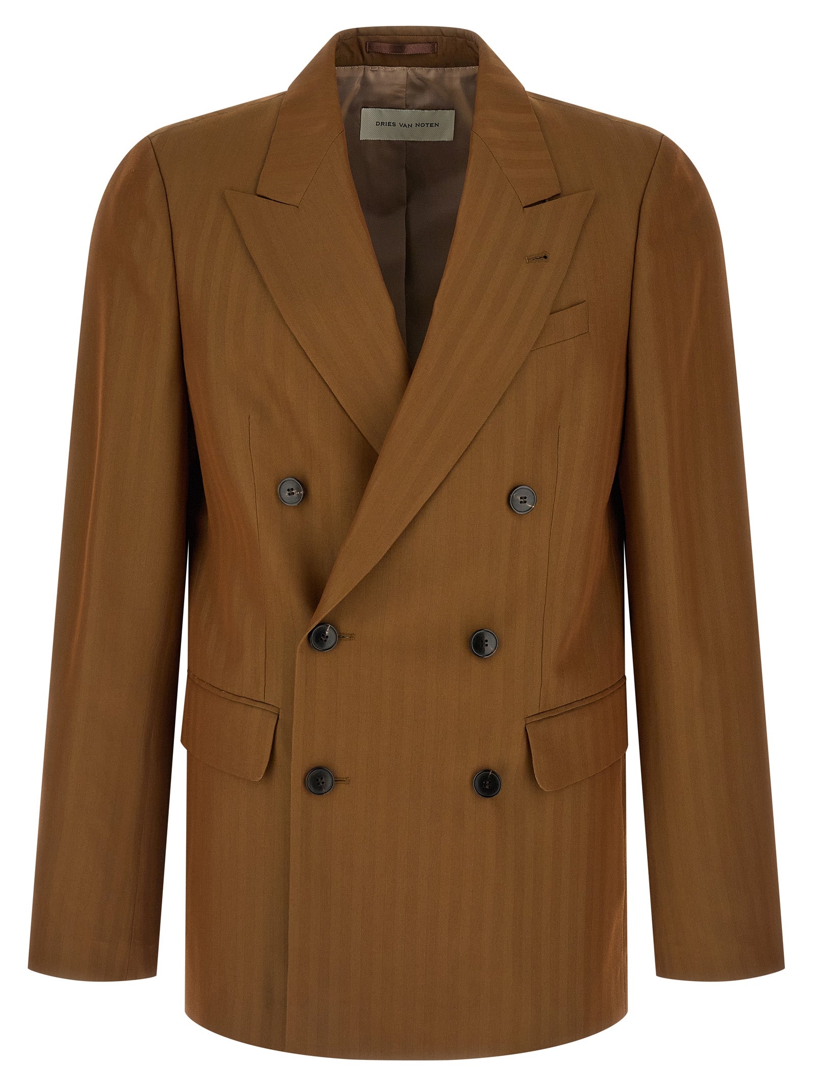 Blazer by Dries Van Noten for men in wool & viscose brown, patterned & pinstripe showcases a polished silhouette, highlighted by a refined and polished for a sophisticated finish.