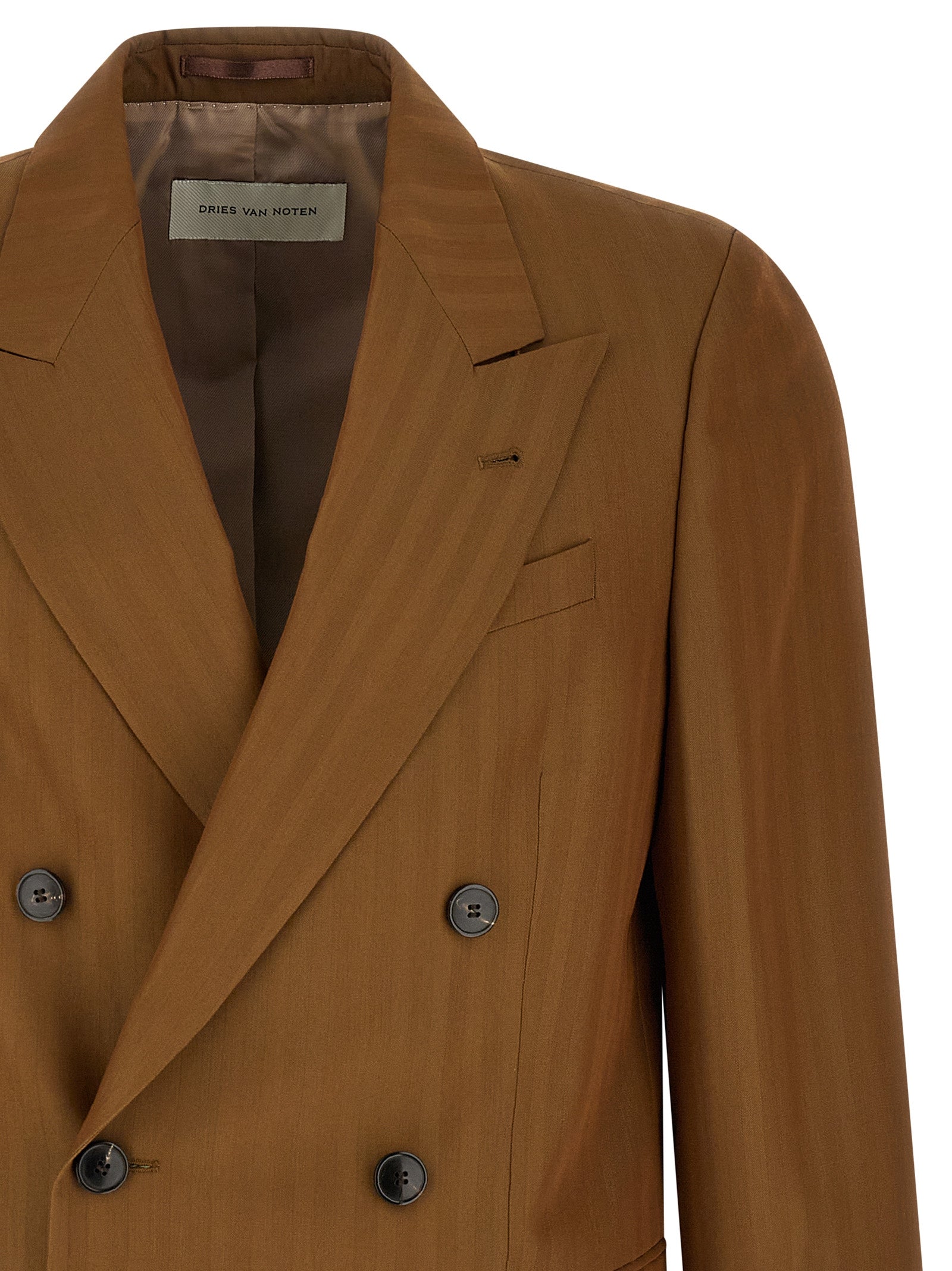 Blazer by Dries Van Noten for men in wool & viscose brown, patterned & pinstripe features an sartorial silhouette, showcasing a sophisticated and sartorial for a truly sartorial finish.