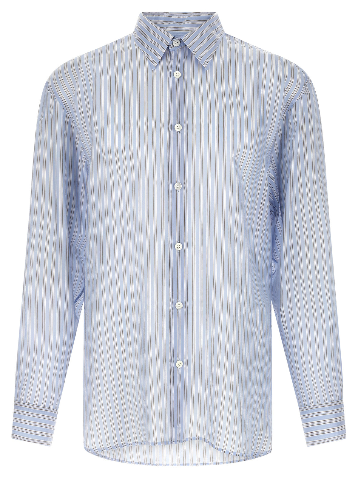 Dries Van Noten Men's Long-Sleeve Cupro & Copper Shirt - Copper Light Blue Patterned Striped