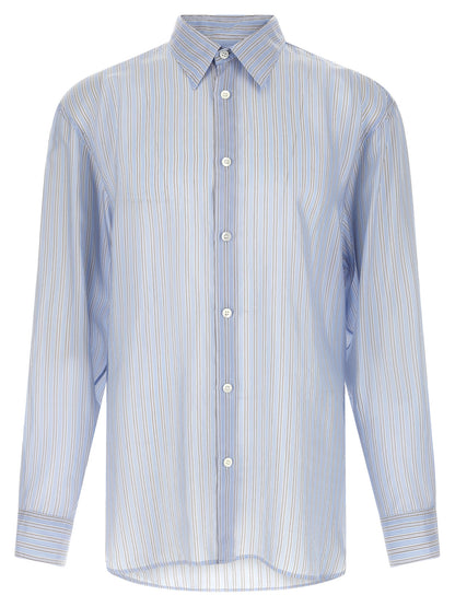 Dries Van Noten Men's Long-Sleeve Cupro & Copper Shirt - Copper Light Blue Patterned Striped