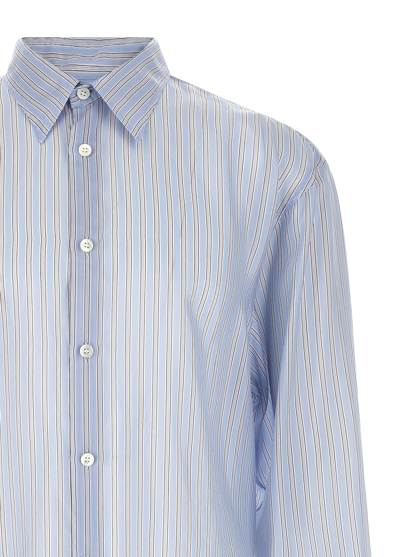 Dries Van Noten Men's Long-Sleeve Cupro & Copper Shirt - Copper Light Blue Patterned Striped