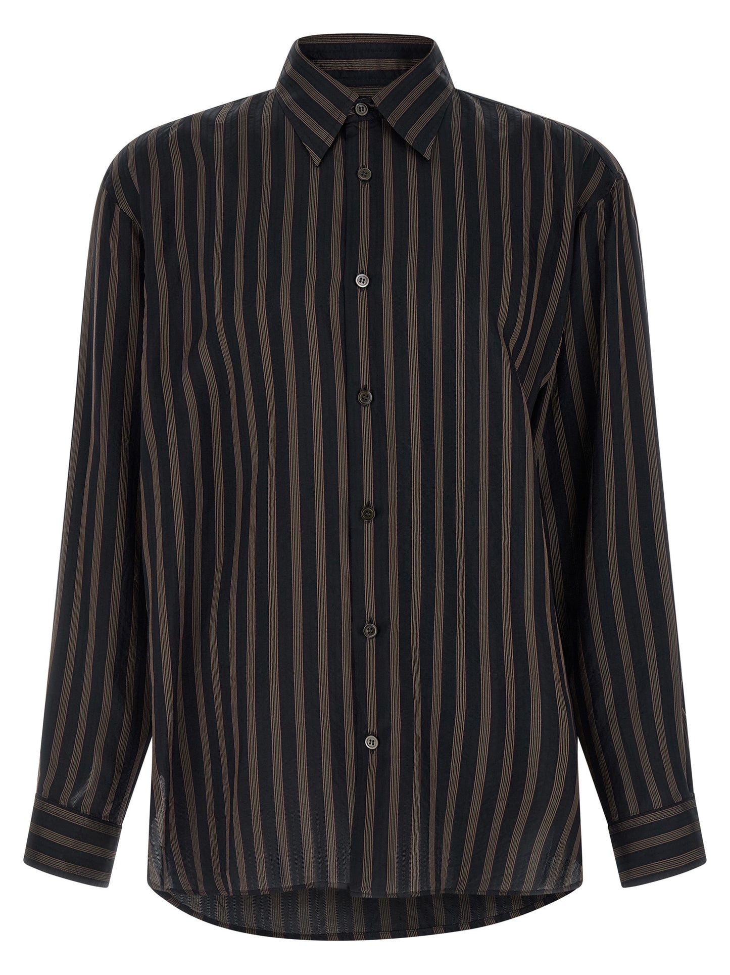 Dries Van Noten Crisp Men's Long-Sleeve Cupro & Copper Shirt - Black Copper Patterned Striped