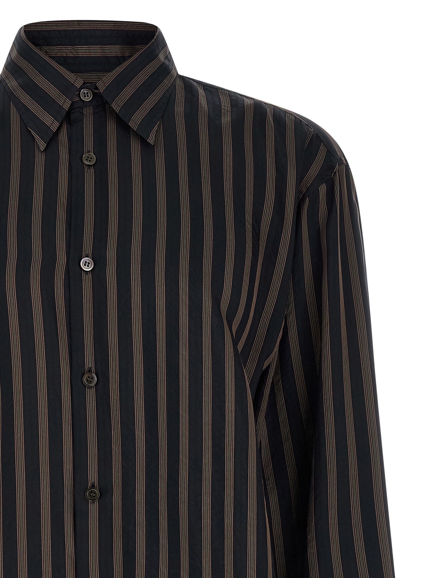 Dries Van Noten Crisp Men's Long-Sleeve Cupro & Copper Shirt - Black Copper Patterned Striped