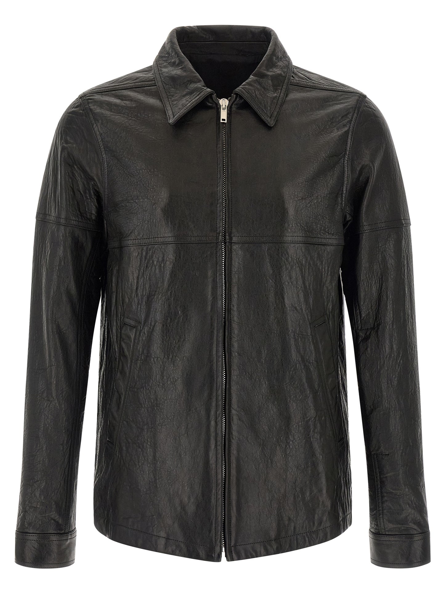 Jacket by Rick Owens for men in lamb leather & cotton black presents a authentic silhouette, artfully detailed with a authentic shirt-collar neckline and functional for a premium authentic finish.