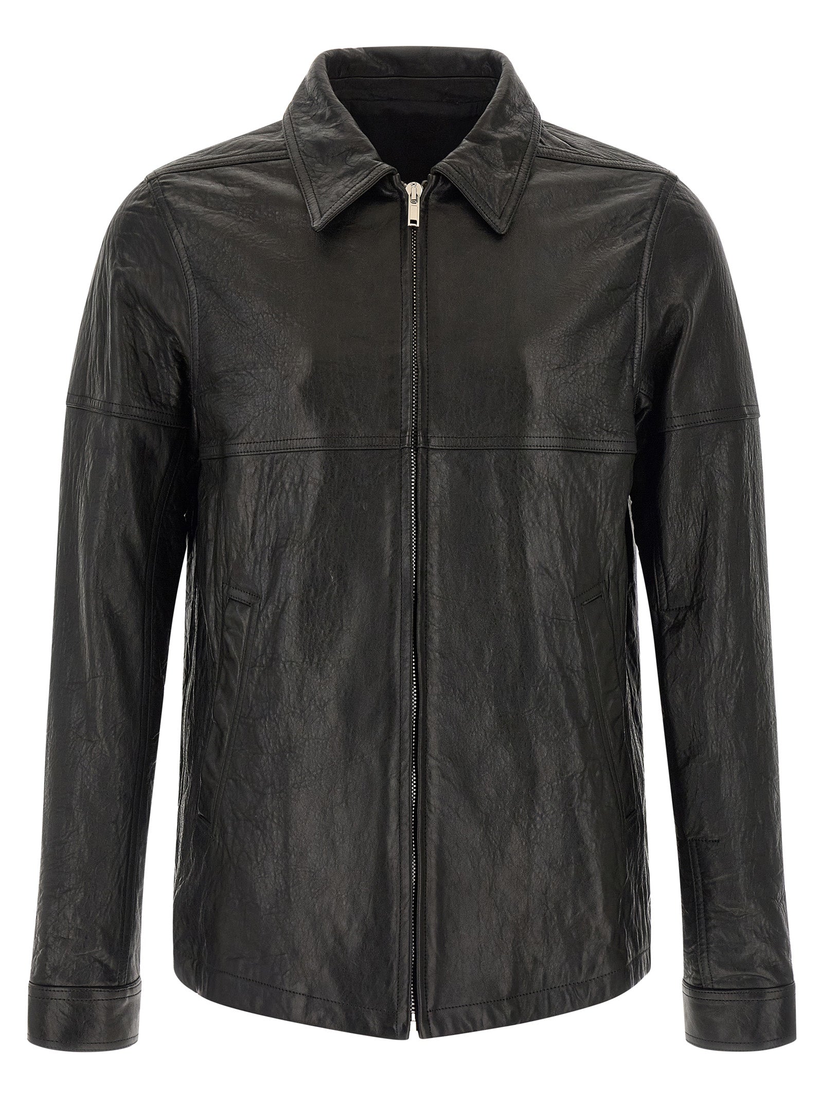 Jacket by Rick Owens for men in lamb leather & cotton black presents a authentic silhouette, artfully detailed with a authentic shirt-collar neckline and functional for a premium authentic finish.