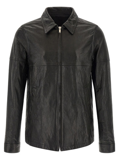 Jacket by Rick Owens for men in lamb leather & cotton black presents a authentic silhouette, artfully detailed with a authentic shirt-collar neckline and functional for a premium authentic finish.