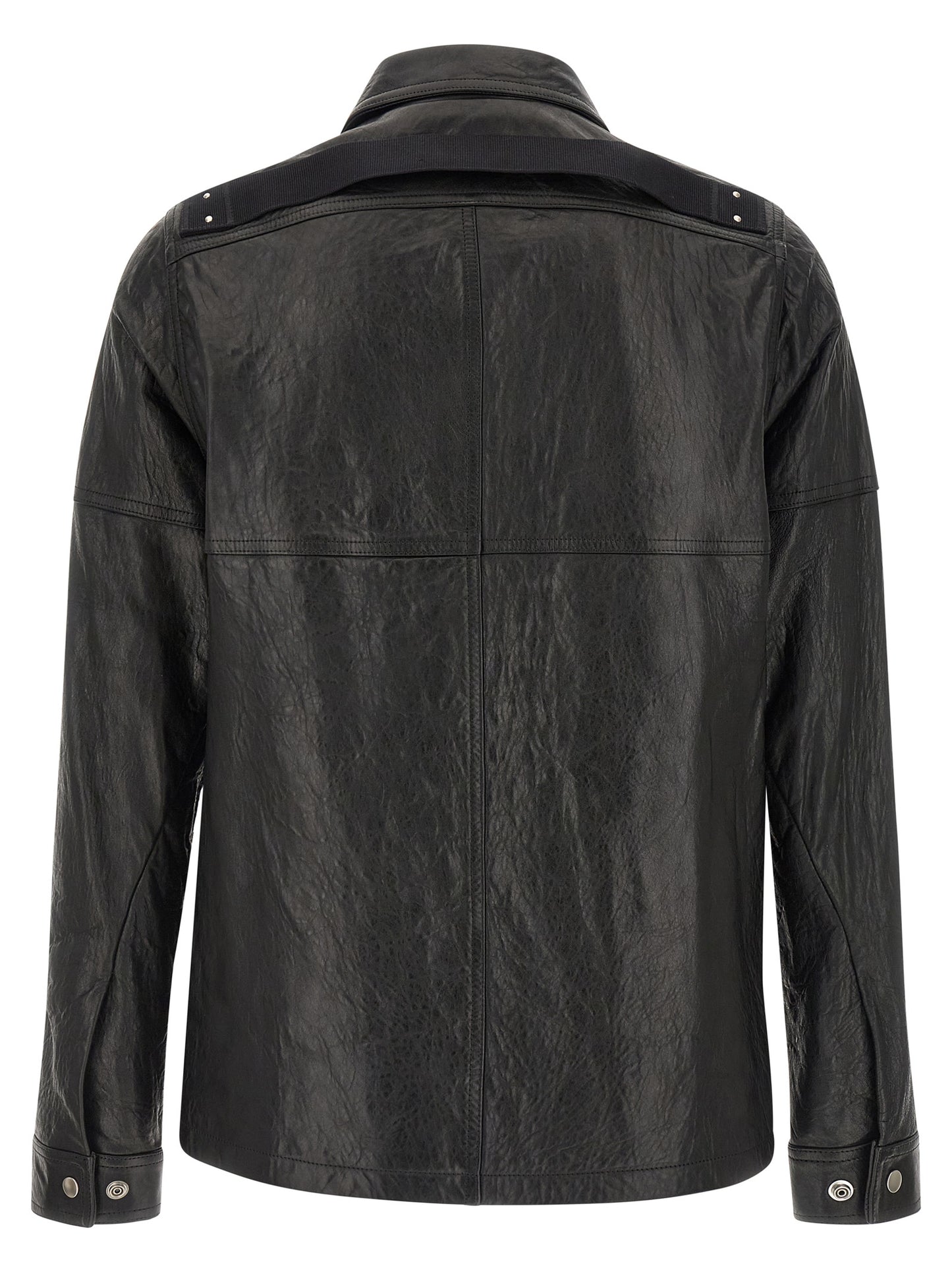 Jacket by Rick Owens for men in lamb leather & cotton black presents a impeccable silhouette, showcasing distinct and a impeccable shirt-collar neckline for a sophisticated finish.