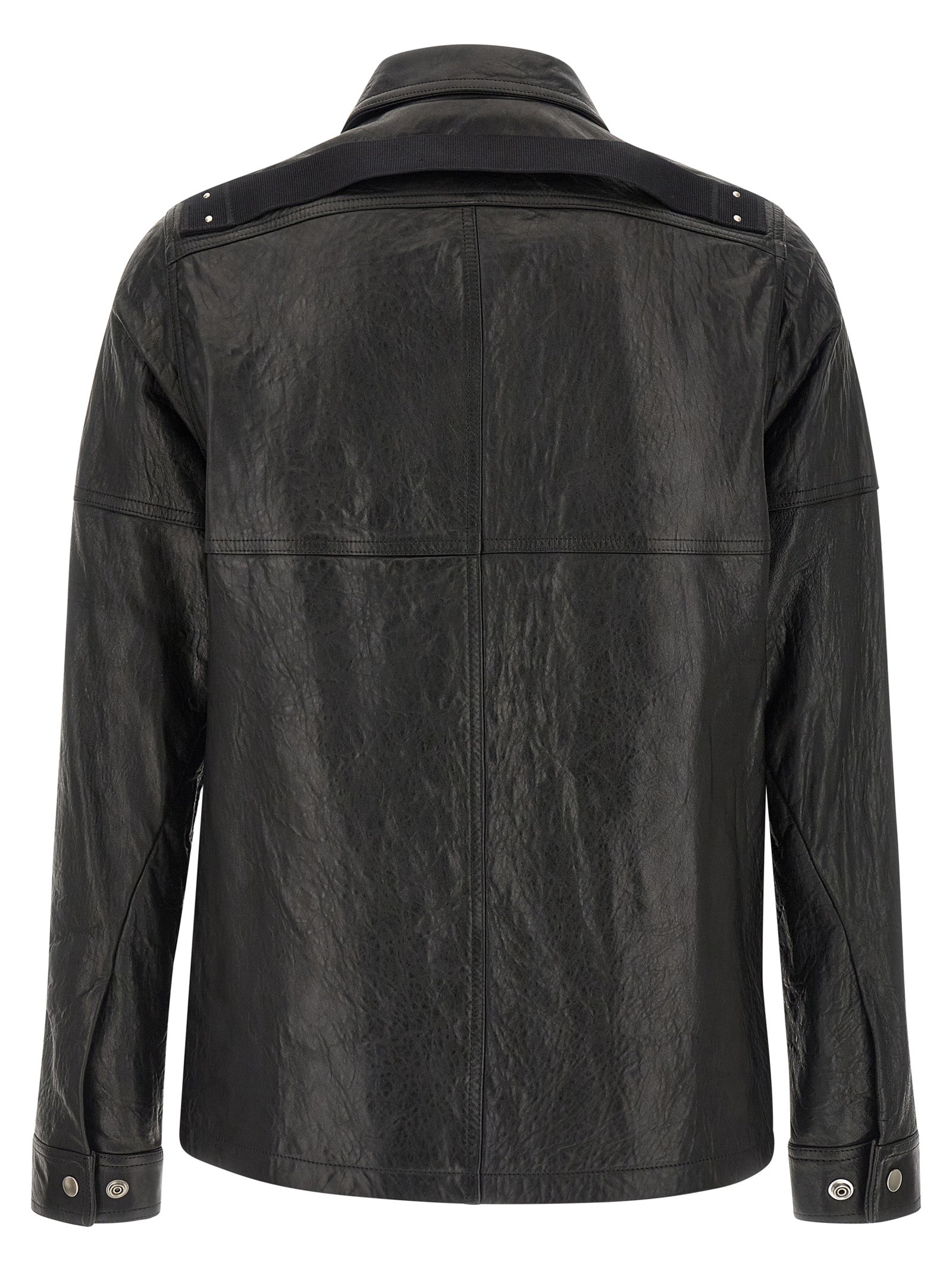 Jacket by Rick Owens for men in lamb leather & cotton black presents a impeccable silhouette, showcasing distinct and a impeccable shirt-collar neckline for a sophisticated finish.