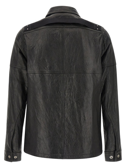 Jacket by Rick Owens for men in lamb leather & cotton black presents a impeccable silhouette, showcasing distinct and a impeccable shirt-collar neckline for a sophisticated finish.