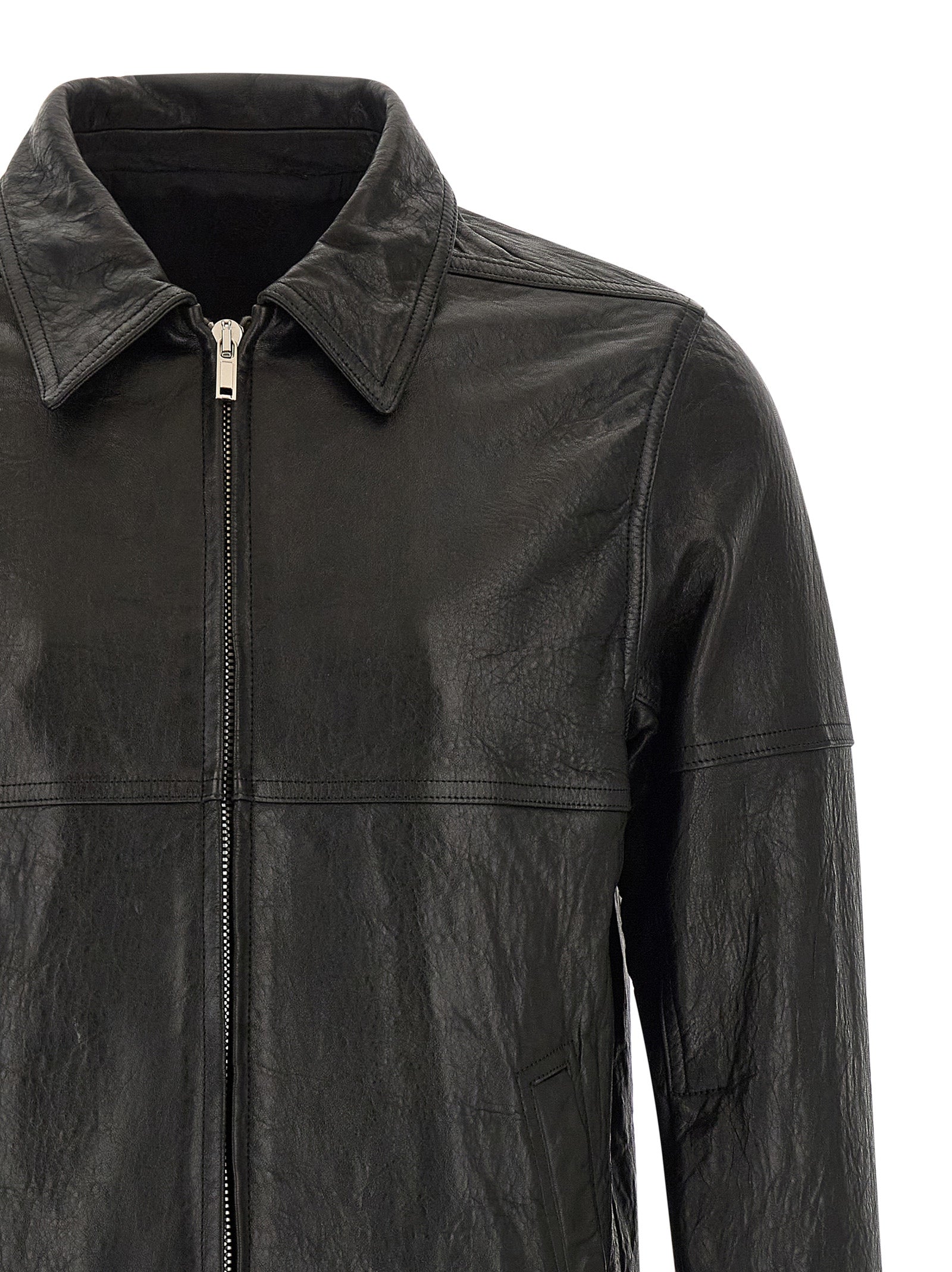 Jacket by Rick Owens for men in lamb leather & cotton black showcases a contemporary silhouette, detailed with a contemporary shirt-collar neckline and premium for a sophisticated finish.