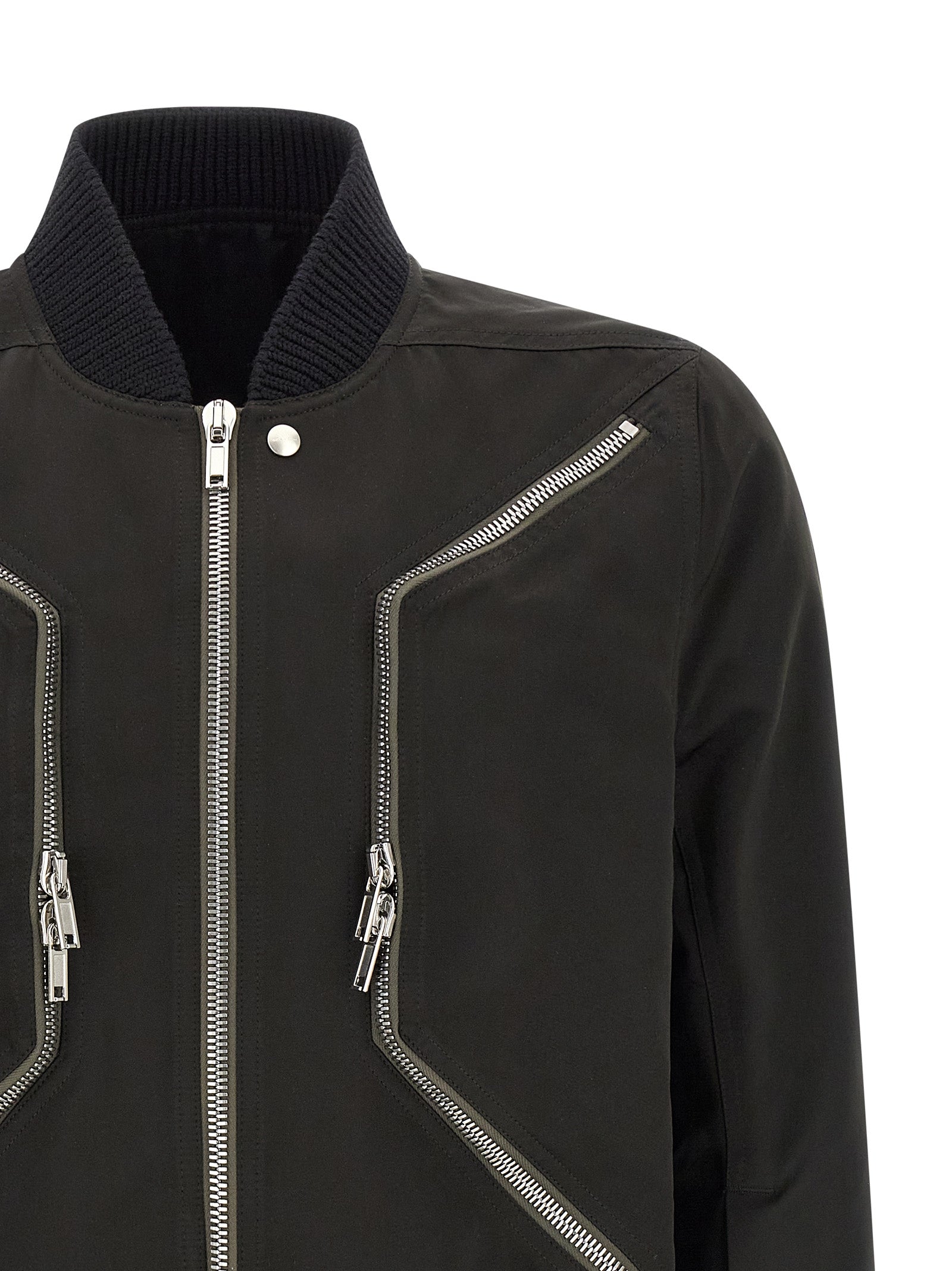 Bomber Jacket by Rick Owens for men in polyester cotton wool black features an contemporary silhouette, showcasing a sophisticated high-neck neckline and contemporary pockets for a truly refined look.