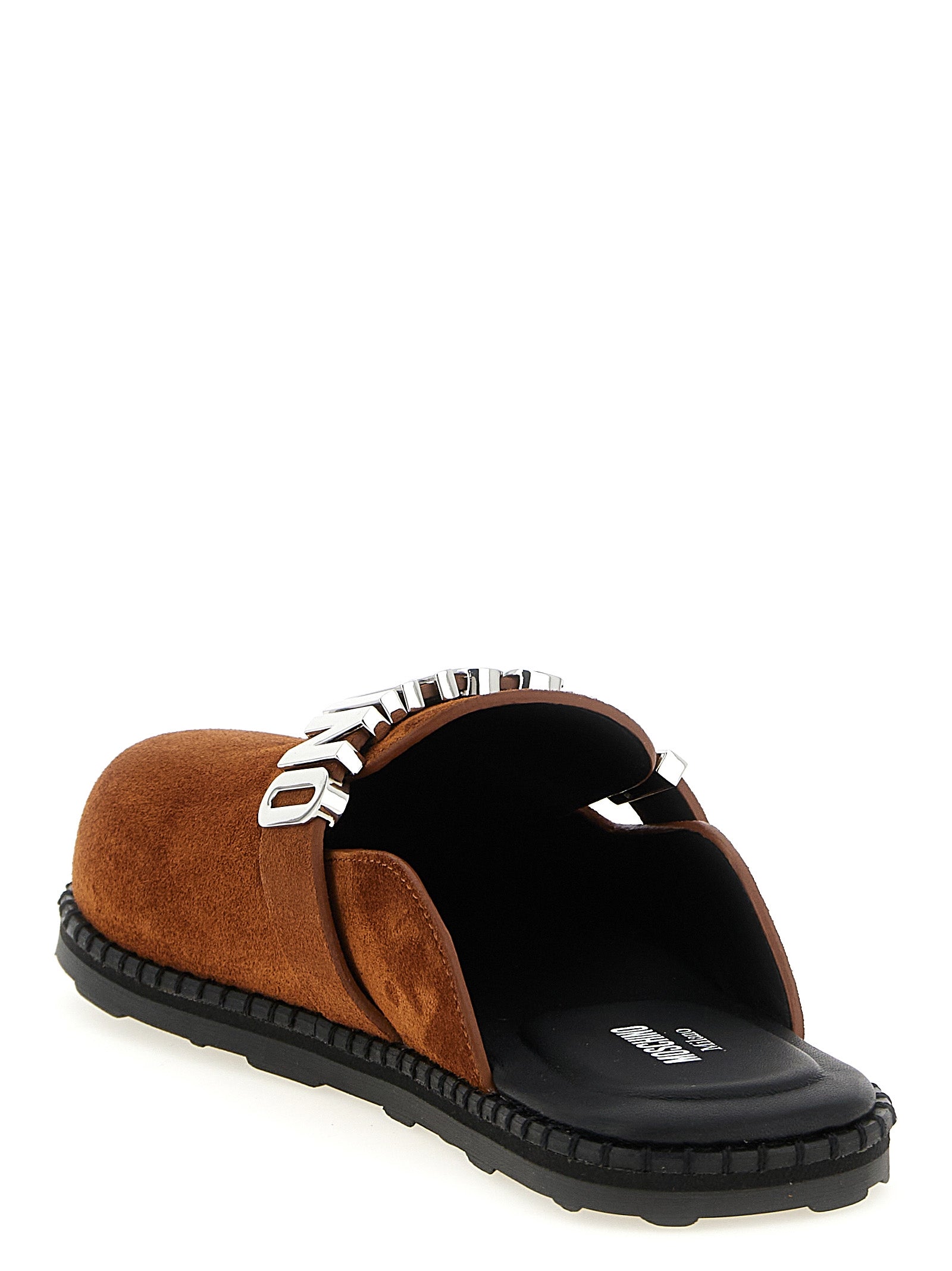 Clogs Flat Shoes by Moschino for women in tu & suede calfskin leather brown showcases a resplendent Women's TU & Suede Calfskin Leather Clogs Flat Shoes aesthetic with a and .