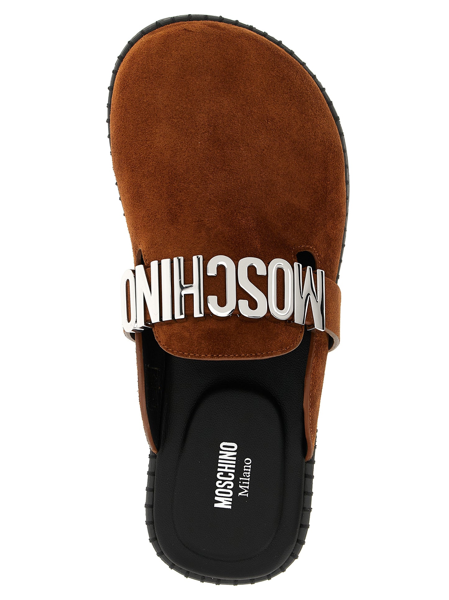 Clogs Flat Shoes by Moschino for women in tu & suede calfskin leather brown presents a impeccable silhouette as Women's TU & Suede Calfskin Leather Clogs Flat Shoes, artfully designed with a and a impeccable for a refined, upscale finish.