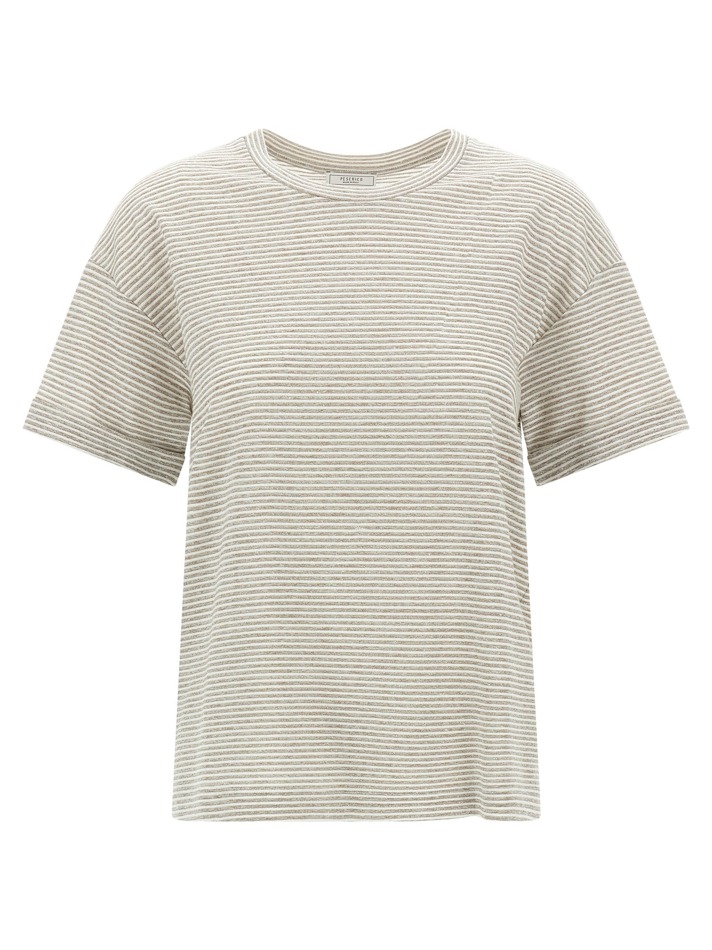T-Shirt by Peserico for women in polyester cotton & linen beige & striped showcases a unassuming silhouette, artfully detailed with a refined crew neckline and unassuming short-sleeve for a sophisticated, contemporary look.