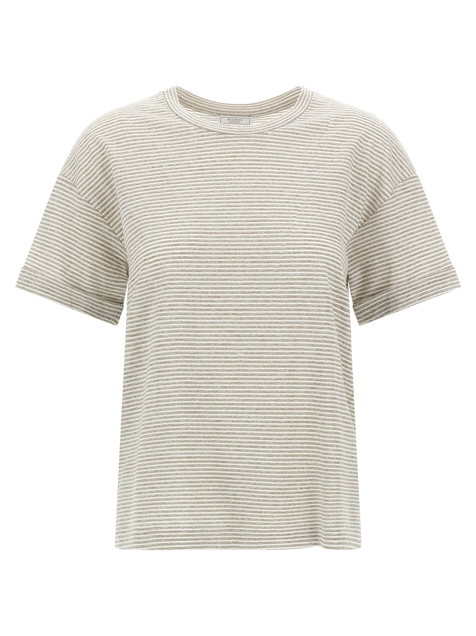 T-Shirt by Peserico for women in polyester cotton & linen beige & striped showcases a unassuming silhouette, artfully detailed with a refined crew neckline and unassuming short-sleeve for a sophisticated, contemporary look.