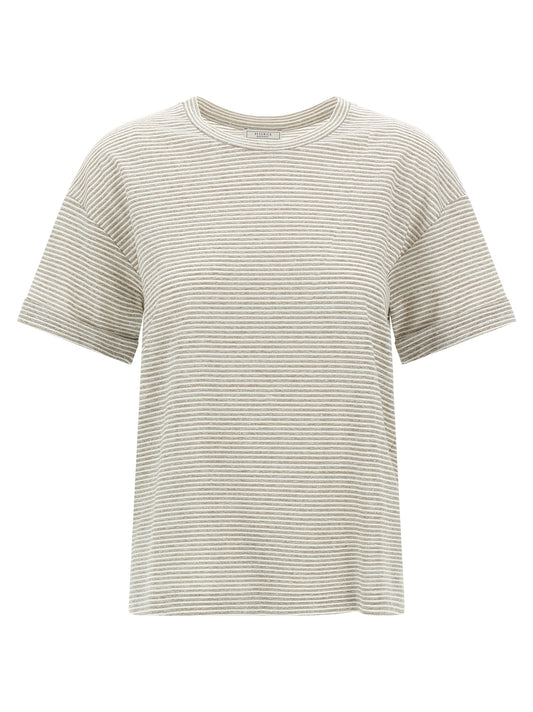 T-Shirt by Peserico for women in polyester cotton & linen beige & striped showcases a unassuming silhouette, artfully detailed with a refined crew neckline and unassuming short-sleeve for a sophisticated, contemporary look.