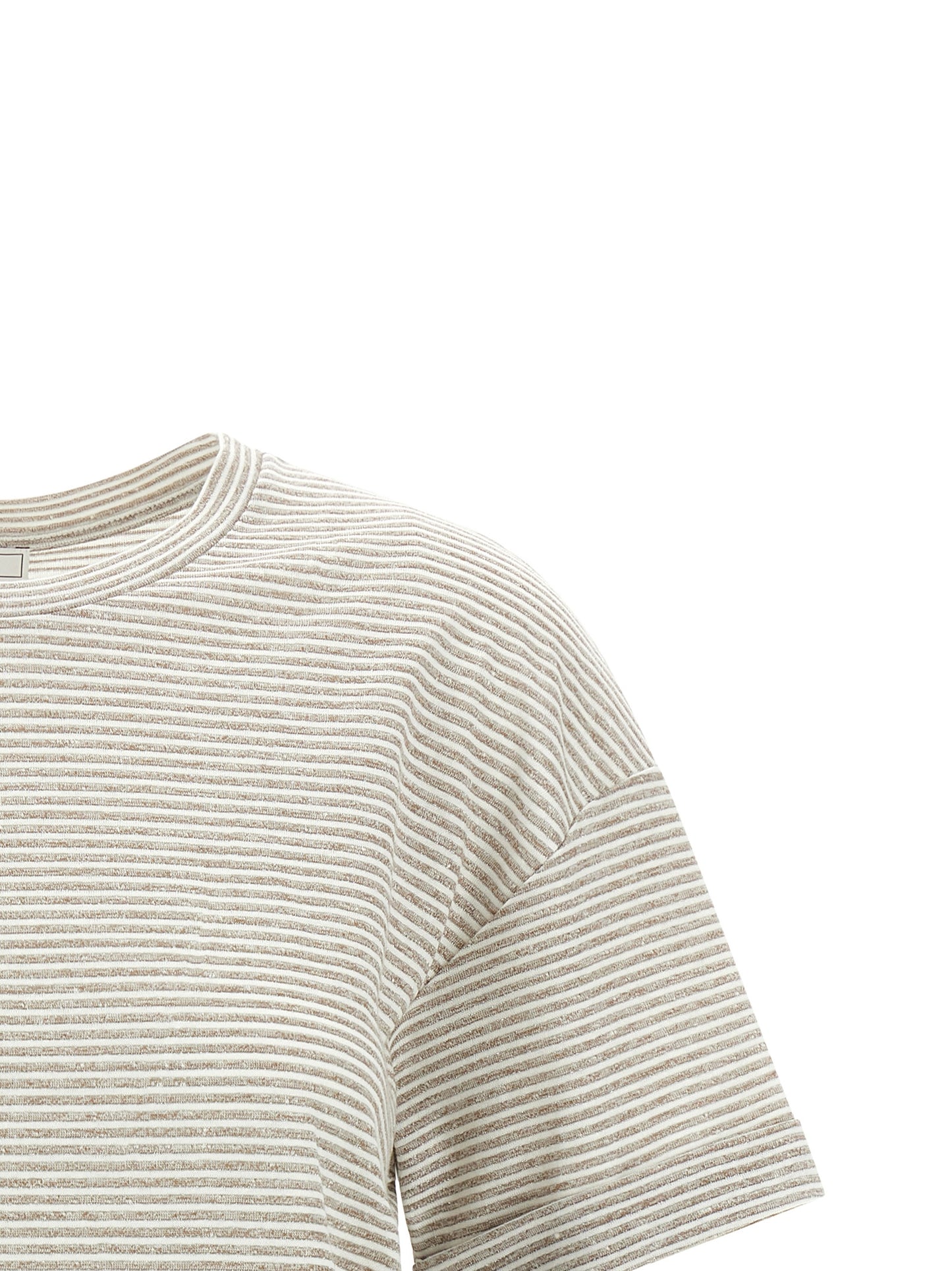 T-Shirt by Peserico for women in polyester cotton & linen beige & striped features an on trend silhouette, perfectly showcasing a on trend and crew neckline for an elevated aesthetic.