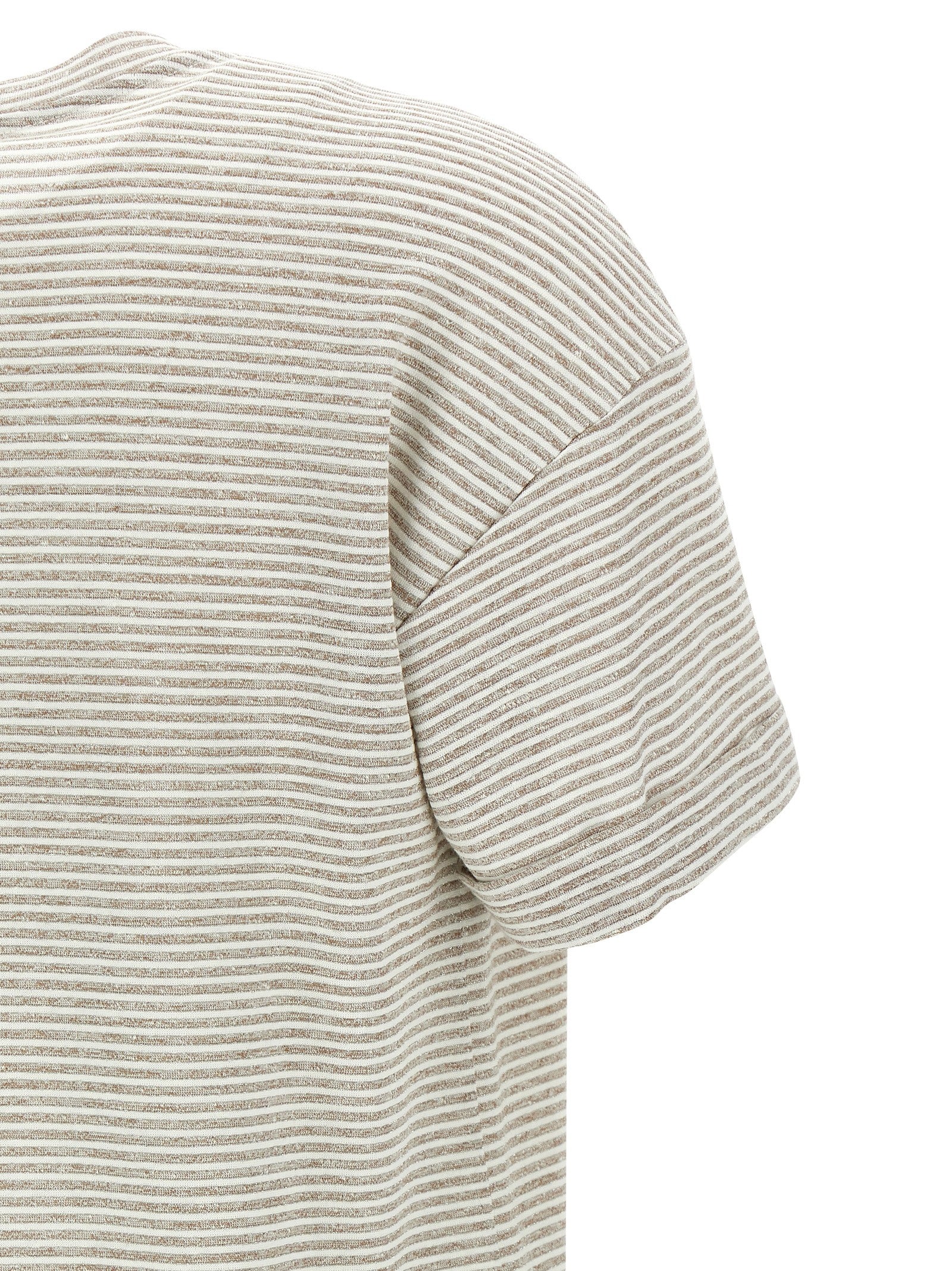 T-Shirt by Peserico for women in polyester cotton & linen beige & striped showcases a fashionable silhouette, elegantly detailed with a fashionable and for a sophisticated, high-fashion look.