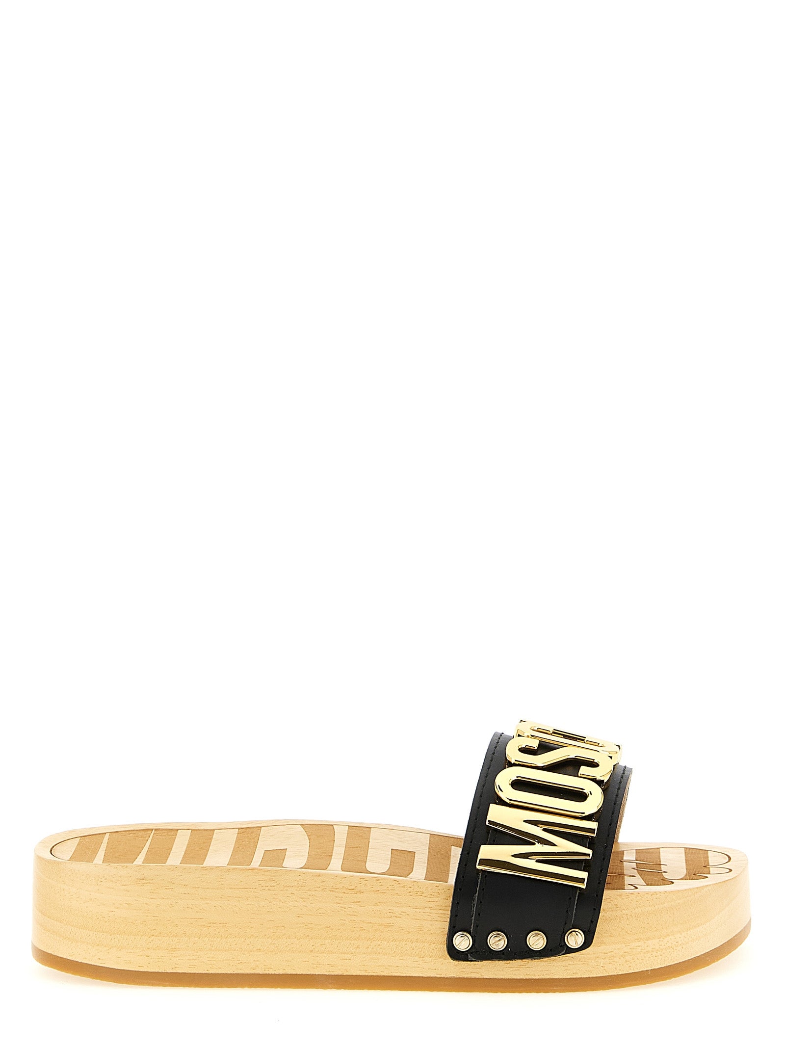 Sliders Sandals Flat Shoes by Moschino for women in calfskin leather black & gold presents a impeccable silhouette as Women's Calfskin Leather Sliders Sandals Flat Shoes, artfully designed with a and a impeccable for a refined, upscale finish.