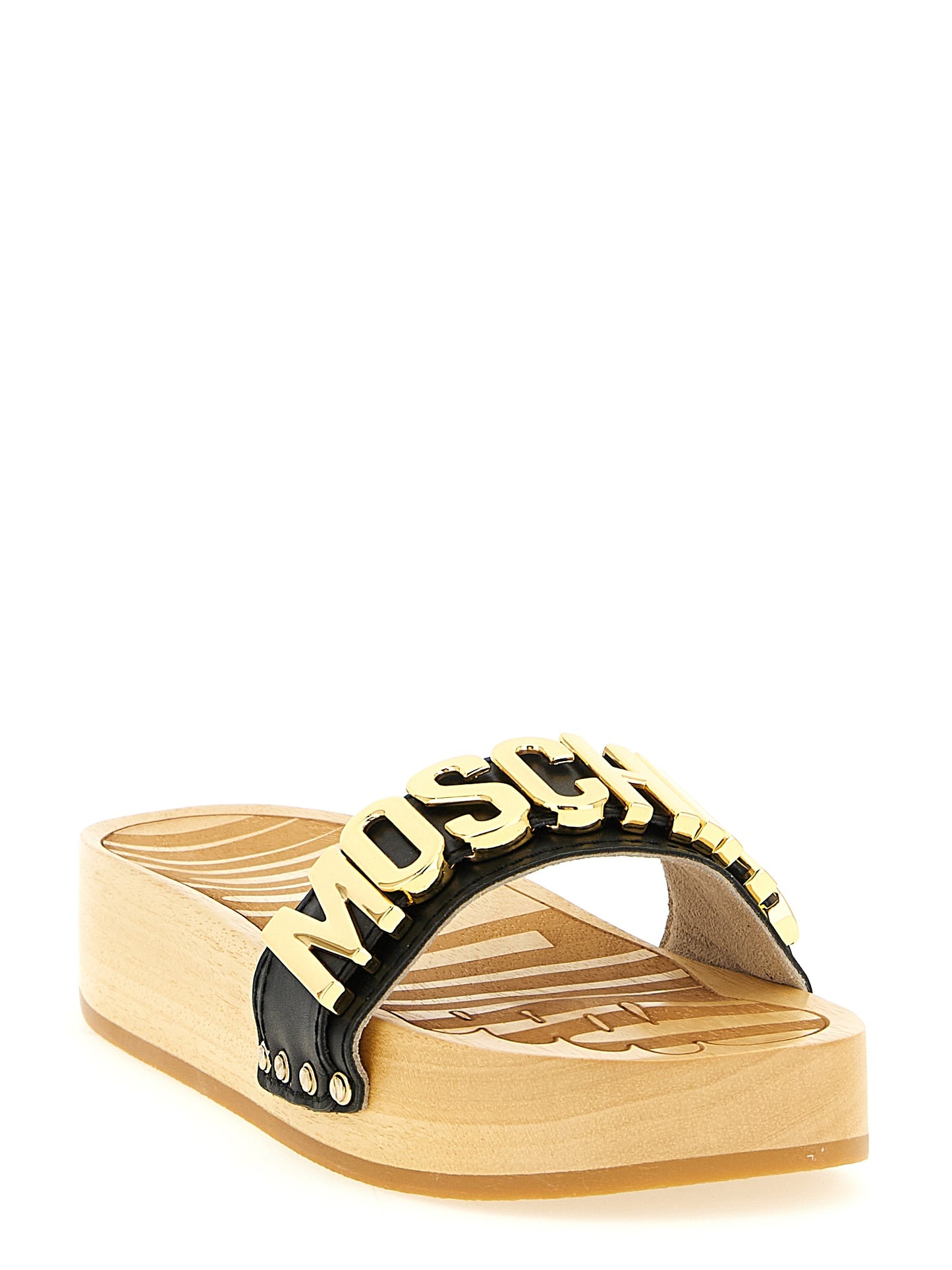 Sliders Sandals Flat Shoes by Moschino for women in calfskin leather black & gold features an captivating silhouette, showcasing the captivating style of the Women's Calfskin Leather Sliders Sandals Flat Shoes with its distinct and refined .