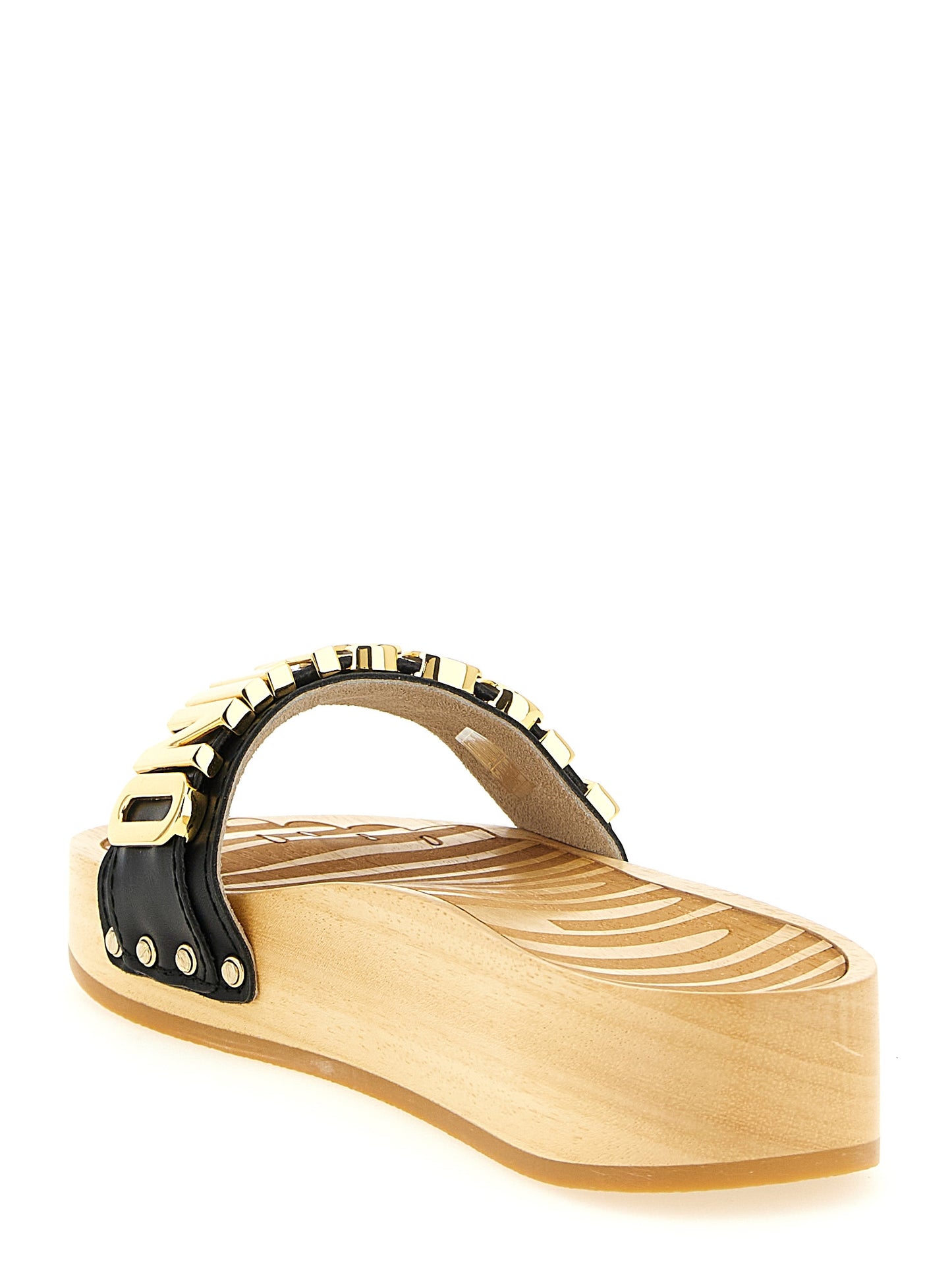 Sliders Sandals Flat Shoes by Moschino for women in calfskin leather black & gold showcases a dynamic silhouette, artfully capturing Women's Calfskin Leather Sliders Sandals Flat Shoes through its distinctive and elegant .
