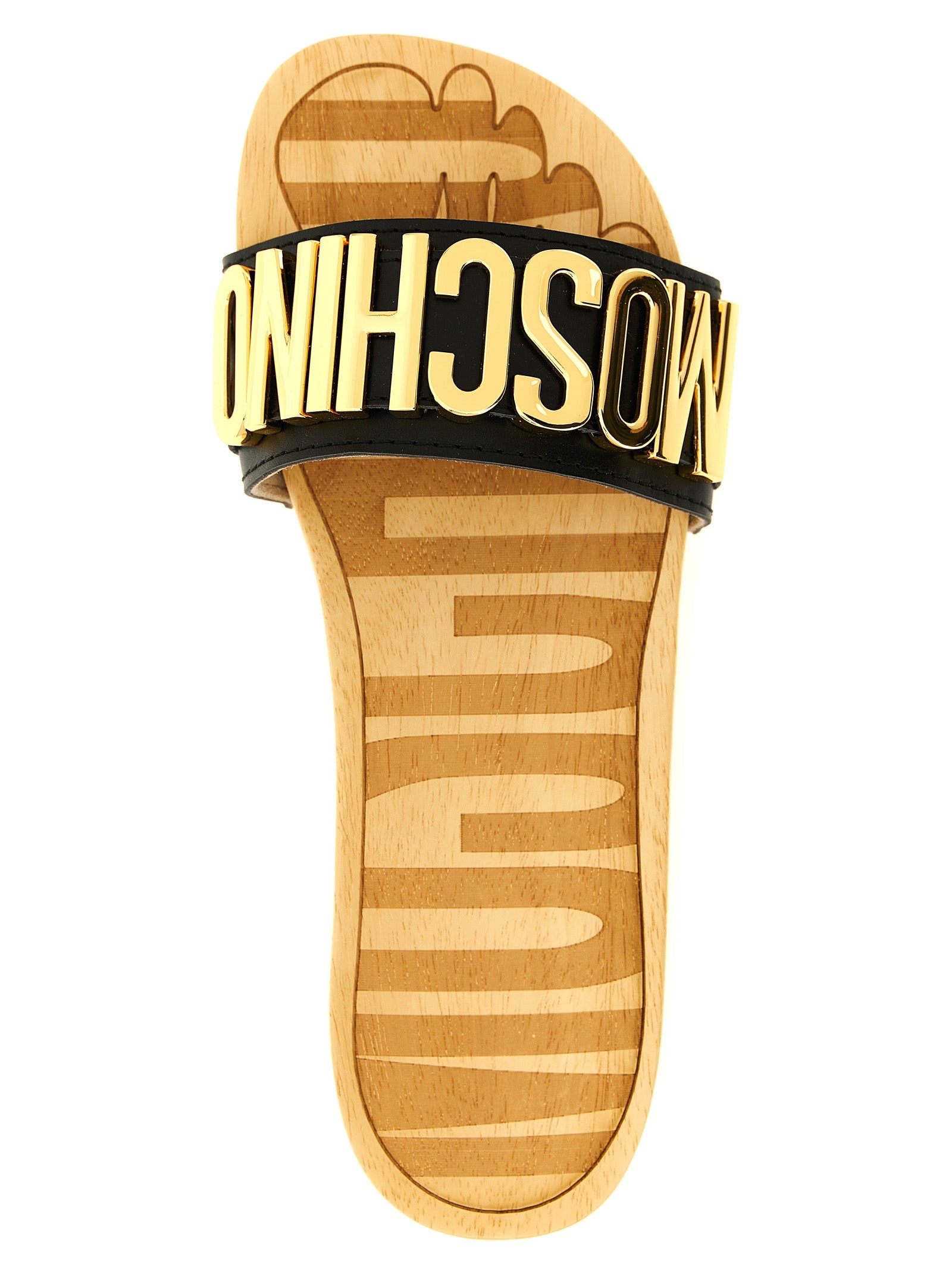 Sliders Sandals Flat Shoes by Moschino for women in calfskin leather black & gold presents a effortless chic silhouette, showcasing the Women's Calfskin Leather Sliders Sandals Flat Shoes design with a effortless chic and for a sophisticated look.