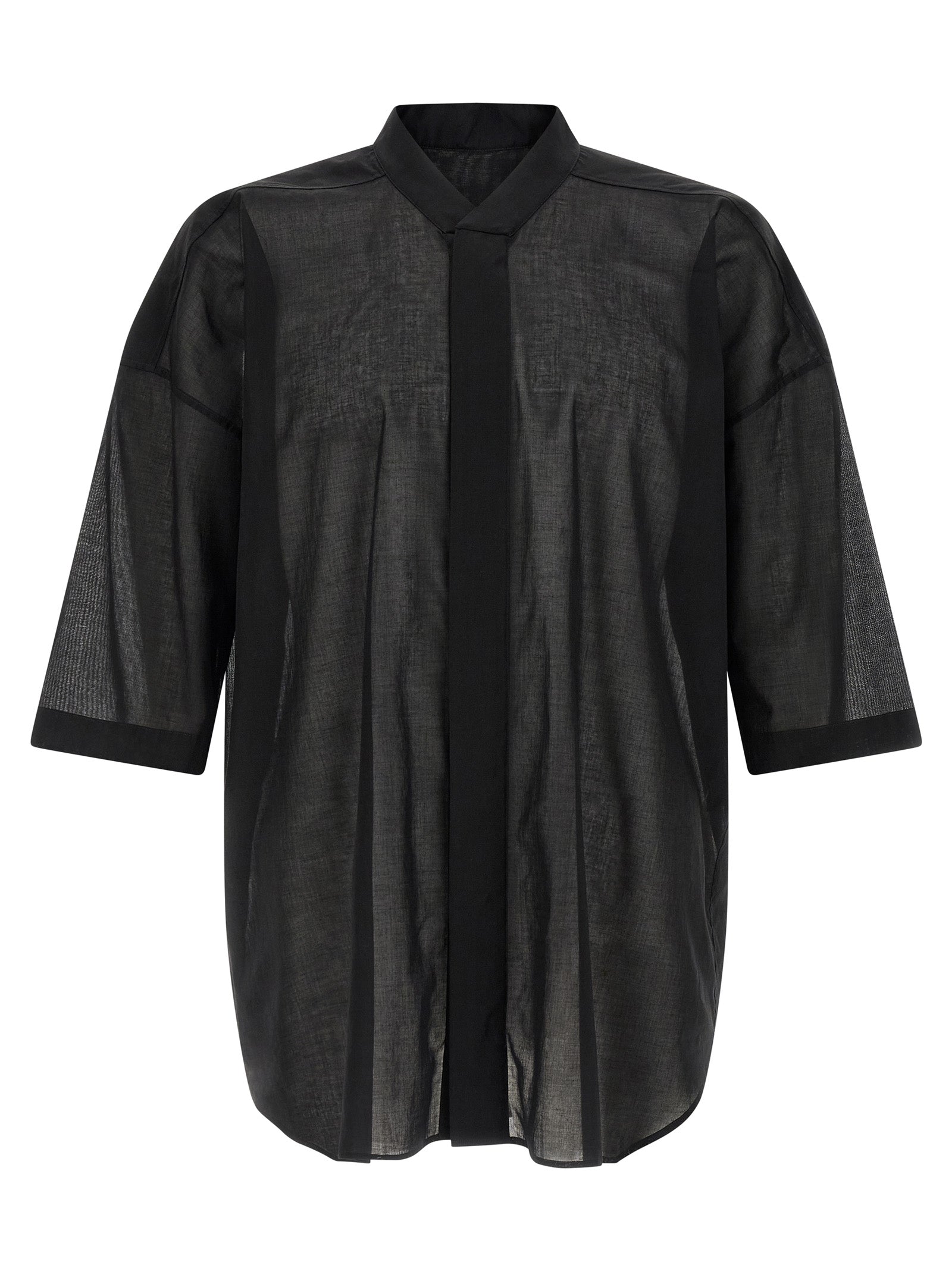 Shirt by Rick Owens for men in cotton black & transparent showcases a sharp silhouette, elegantly detailed with a sharp high-neck neckline and sharp short-sleeve.