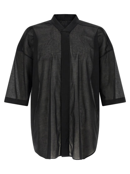 Shirt by Rick Owens for men in cotton black & transparent showcases a sharp silhouette, elegantly detailed with a sharp high-neck neckline and sharp short-sleeve.