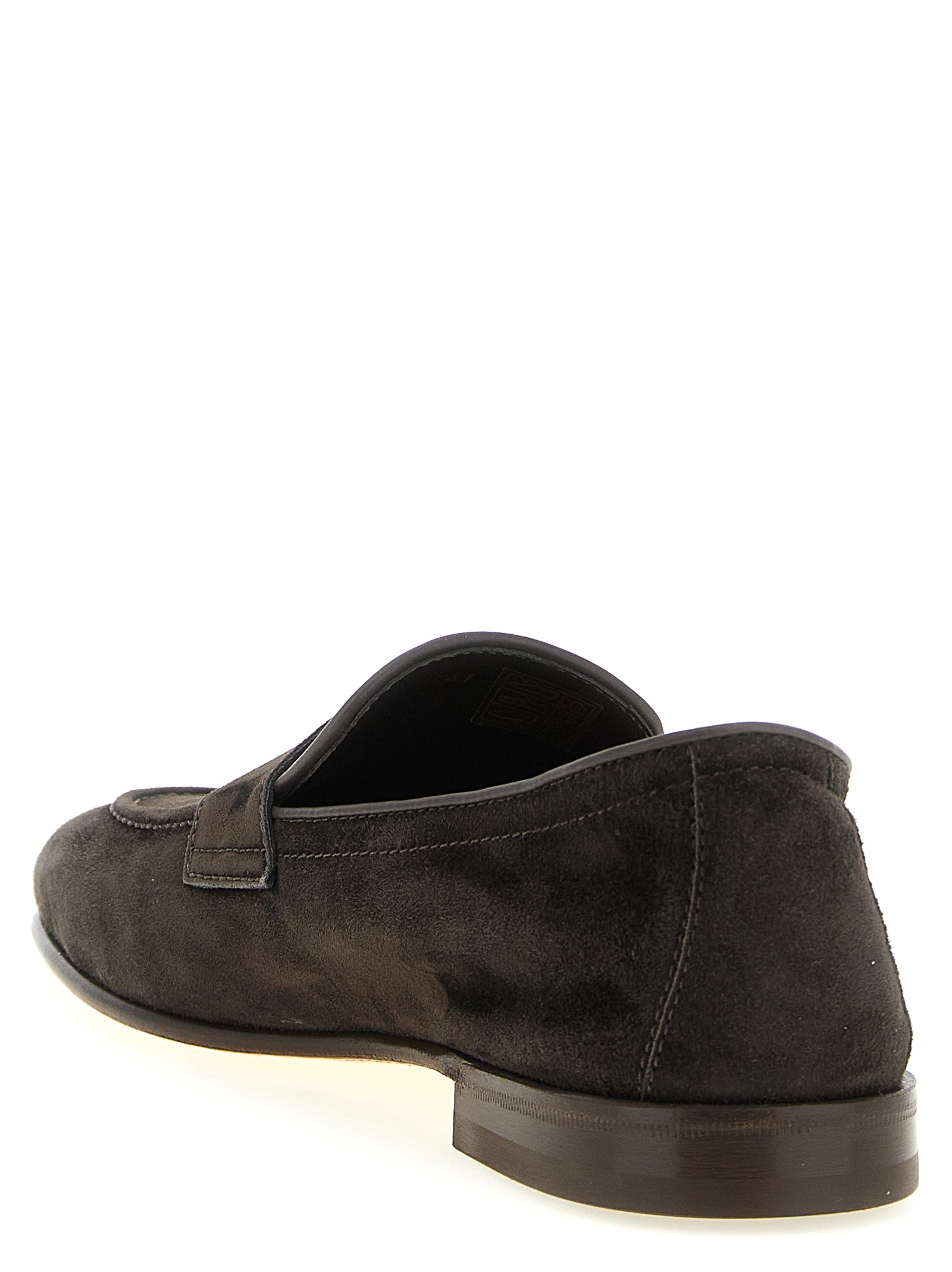 Loafer Slip-On Shoes by Brunello Cucinelli for men in tu & calfskin suede leather brown features an ergonomic silhouette, perfectly showcasing Men's TU & Calfskin Suede Leather Loafer Slip-On Shoes with its distinct and elegant almond toe style.