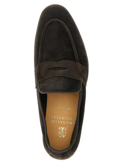 Loafer Slip-On Shoes by Brunello Cucinelli for men in tu & calfskin suede leather brown showcases a timeless silhouette from the Men's TU & Calfskin Suede Leather Loafer Slip-On Shoes collection, featuring a timeless and almond toe style for a timeless finish.