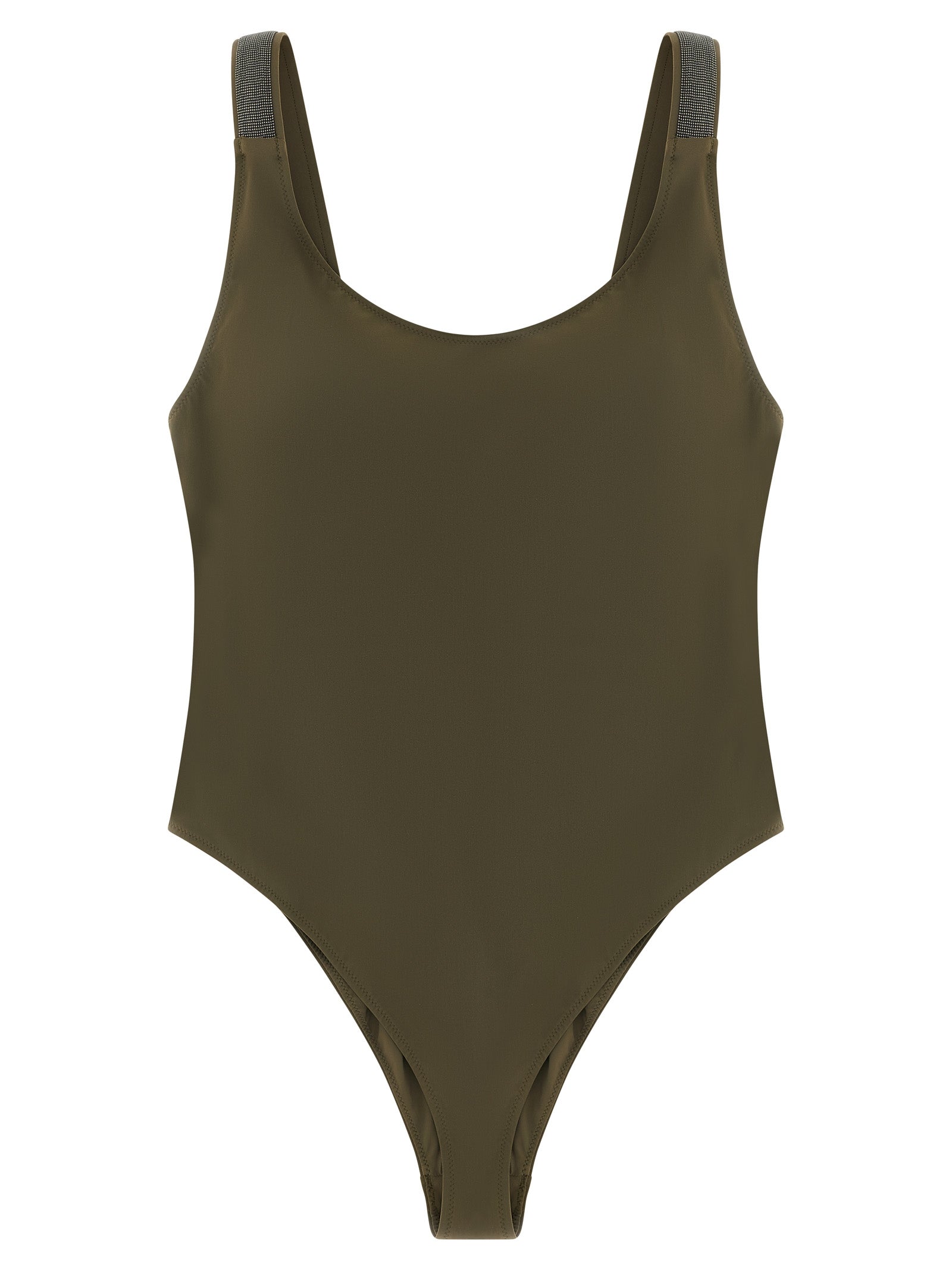 One-Piece Swimsuit by Brunello Cucinelli for women in stretch polyamide bicolour & green showcases a couture inspired silhouette from the Monile Women's Stretch Polyamide One-Piece Swimsuit collection, featuring a couture inspired cut designed for a couture inspired and couture inspired poolside look.