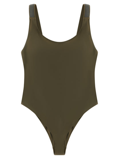 One-Piece Swimsuit by Brunello Cucinelli for women in stretch polyamide bicolour & green showcases a couture inspired silhouette from the Monile Women's Stretch Polyamide One-Piece Swimsuit collection, featuring a couture inspired cut designed for a couture inspired and couture inspired poolside look.