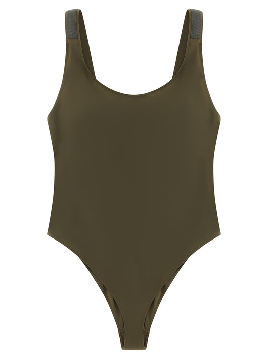 One-Piece Swimsuit by Brunello Cucinelli for women in stretch polyamide bicolour & green showcases a couture inspired silhouette from the Monile Women's Stretch Polyamide One-Piece Swimsuit collection, featuring a couture inspired cut designed for a couture inspired and couture inspired poolside look.