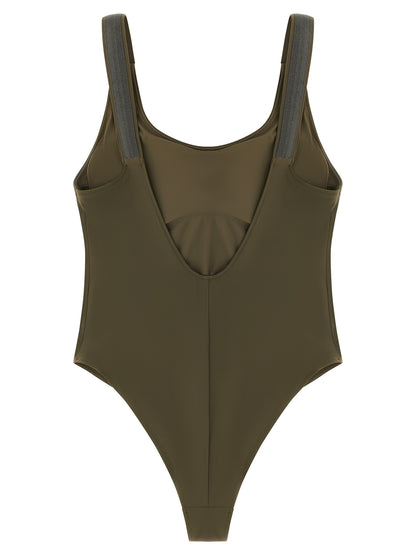 One-Piece Swimsuit by Brunello Cucinelli for women in stretch polyamide bicolour & green features a ethereal silhouette, artfully capturing the essence of Monile Women's Stretch Polyamide One-Piece Swimsuit with its ethereal design and refined cut.