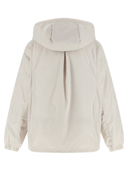 Hooded Windbreaker Jacket by MooRER for women in polyester & goose down beige presents a resilient silhouette, artfully detailed with a sophisticated hooded neckline and functional hooded, insulated & windproof for a resilient finish.