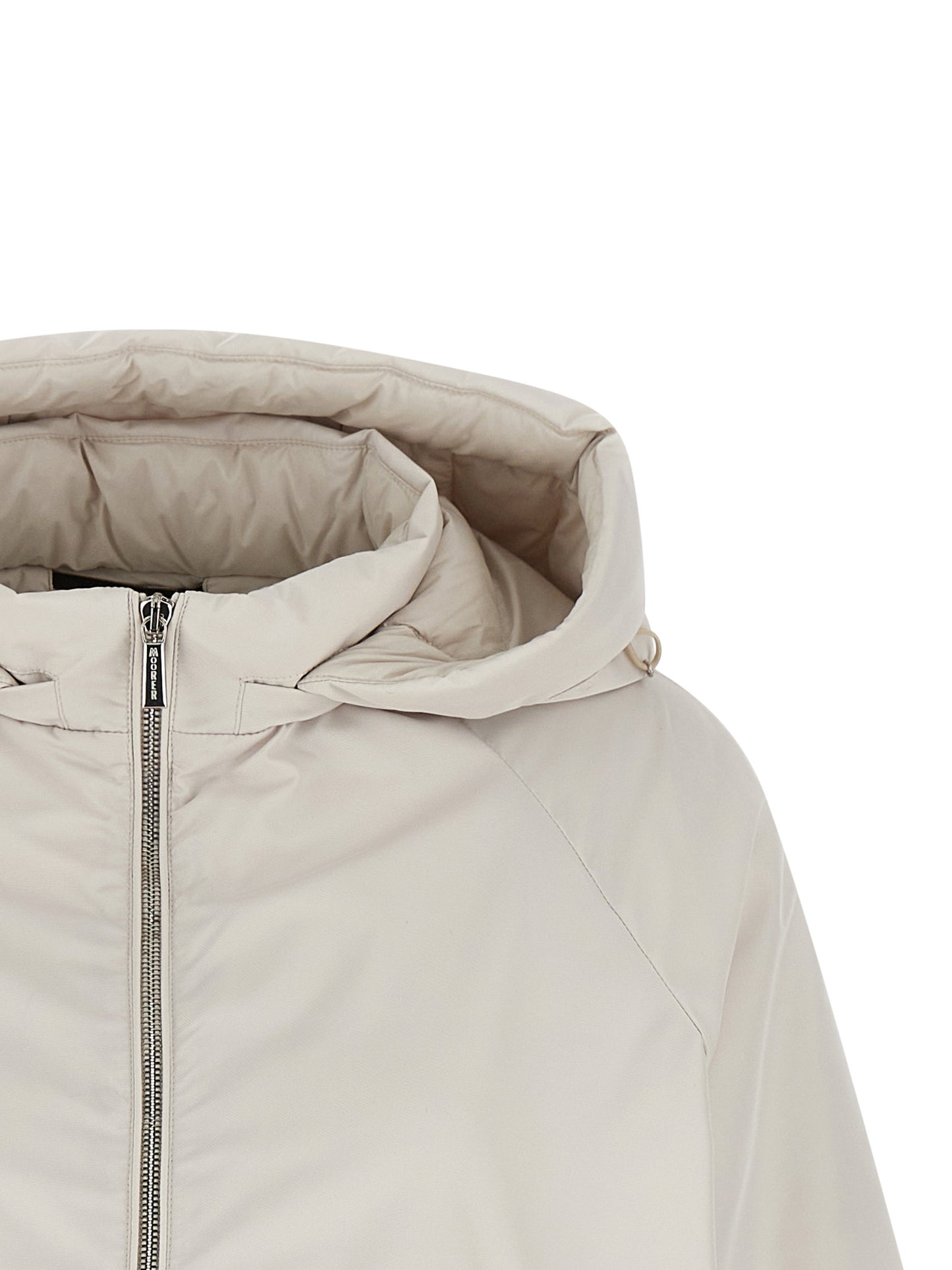Hooded Windbreaker Jacket by MooRER for women in polyester & goose down beige features an enduring silhouette, showcasing technical hooded, insulated & windproof and a sophisticated hooded neckline for a truly enduring aesthetic.
