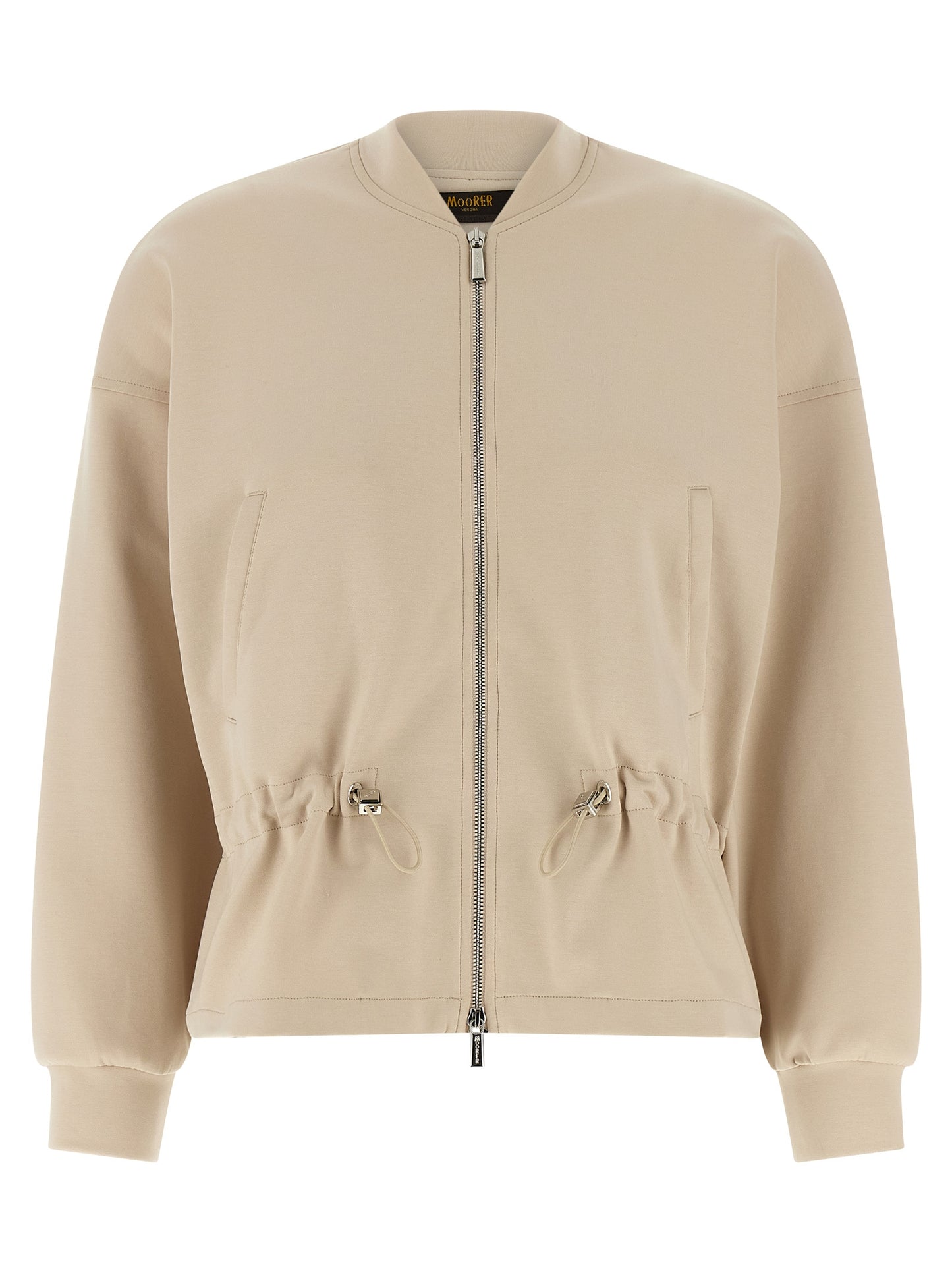 Activewear Sweatshirt by MooRER for women in plush polyester & cotton beige presents a dynamic silhouette, featuring a dynamic high-neck neckline and long-sleeve detailed with functional .