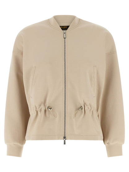 Activewear Sweatshirt by MooRER for women in plush polyester & cotton beige presents a dynamic silhouette, featuring a dynamic high-neck neckline and long-sleeve detailed with functional .