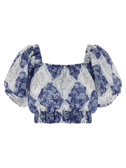 Blouse by Twinset for women in ramie & polyester blue, patterned, floral & print presents a discerning silhouette, showcasing a sophisticated square neckline and for a truly discerning finish.