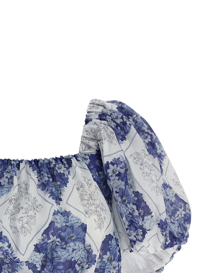 Blouse by Twinset for women in ramie & polyester blue, patterned, floral & print features an polished silhouette, showcasing a sophisticated square neckline and detail for a truly polished finish.