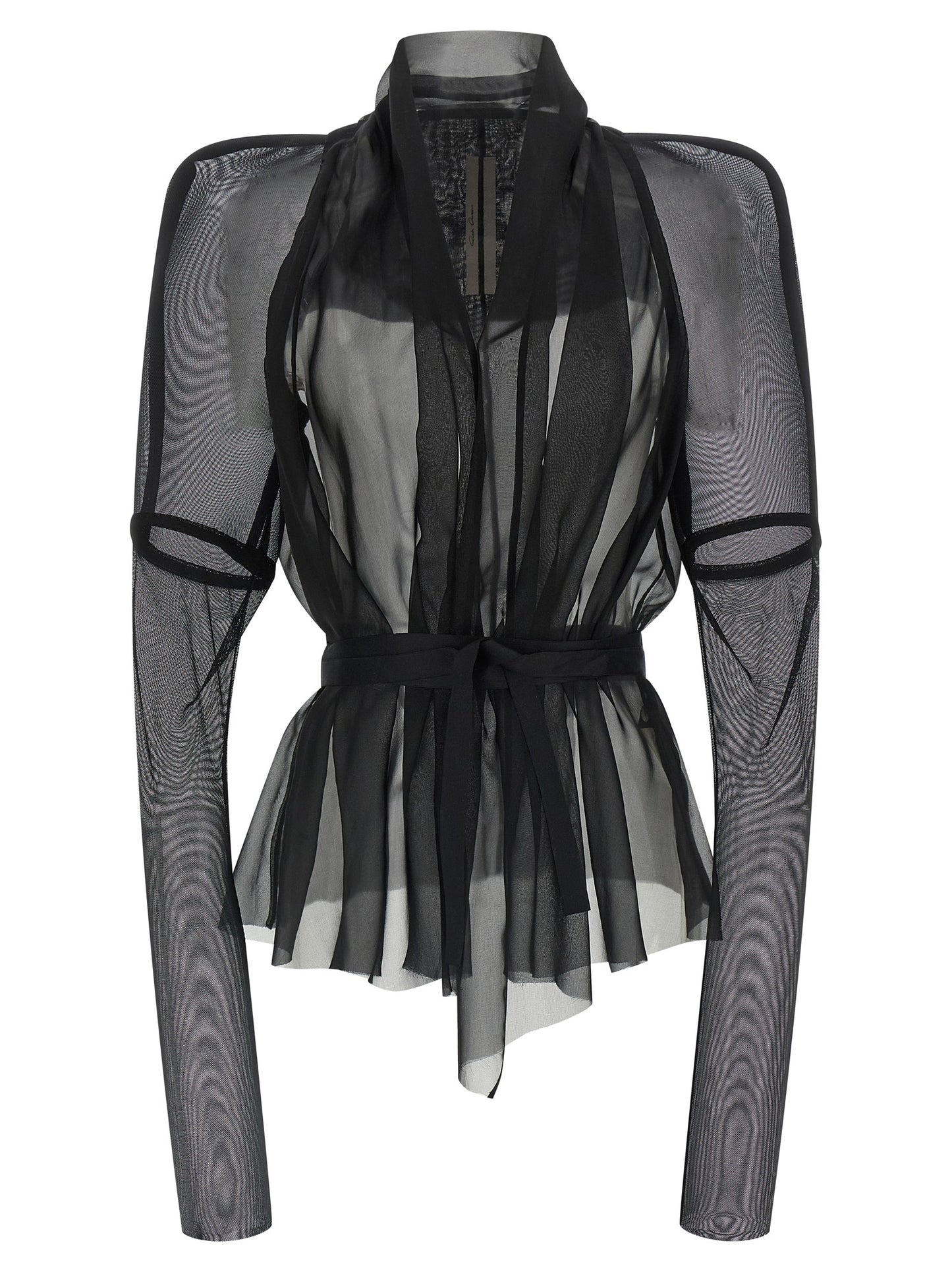 Overcoat by Rick Owens for women in silk nylon chiffon black & transparent features an voluminous silhouette, showcasing distinct and a voluminous round shawl-collar neckline for a truly voluminous aesthetic.
